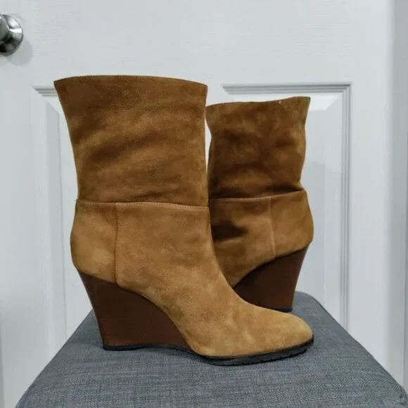 L.K Bennet London Zia Caramel Suede Leather Wedge Heel Ankle Boots Women's 9 - Picture 2 of 9